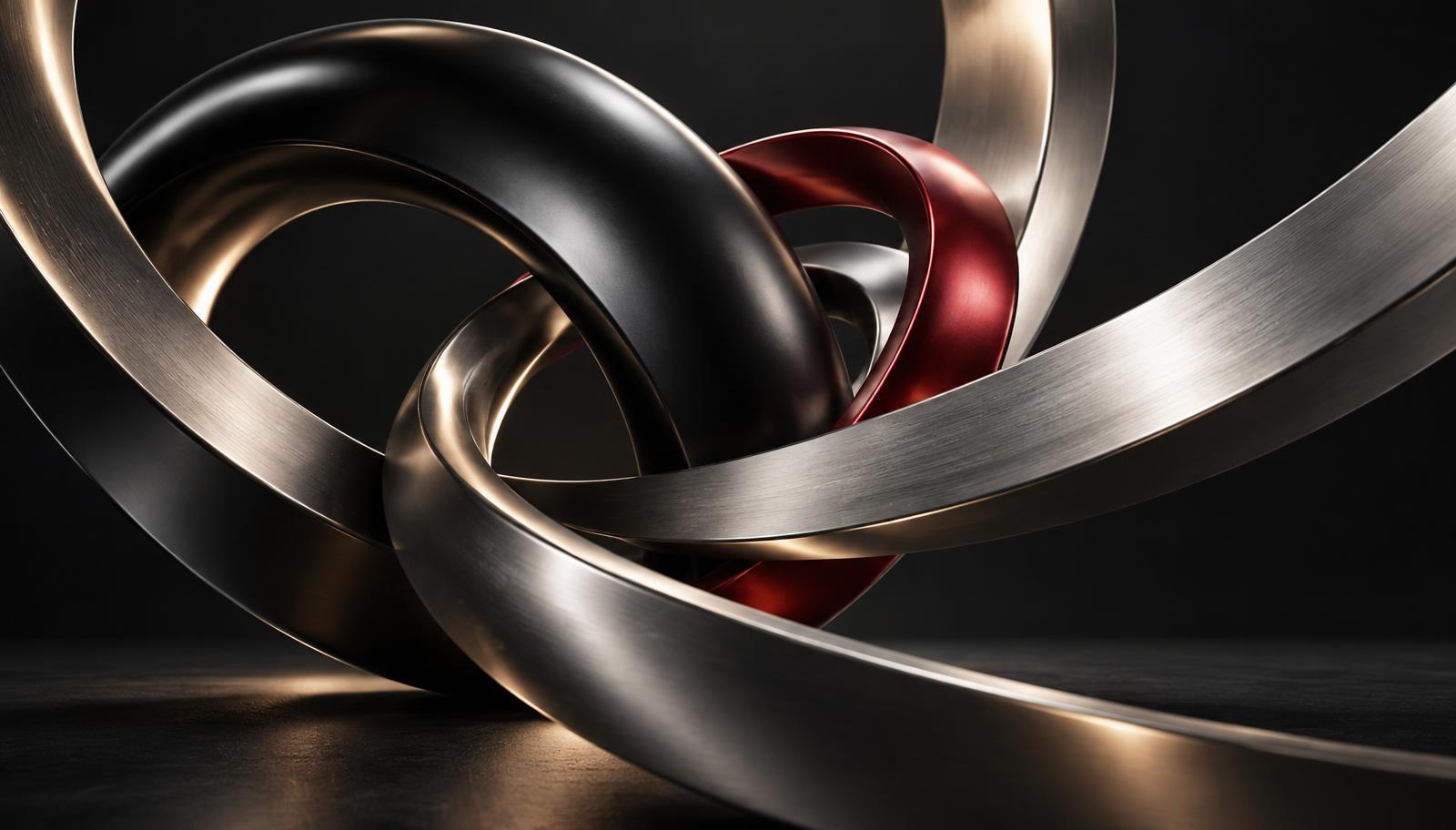 Sculptural interwoven rings in brushed silver and satin black with a deep red accent
